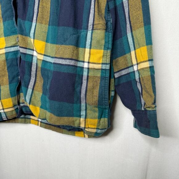 EDDIE BAUER / blue green yellow plaid hooded flannel shacket jacket hoodie / M - Picture 4 of 9